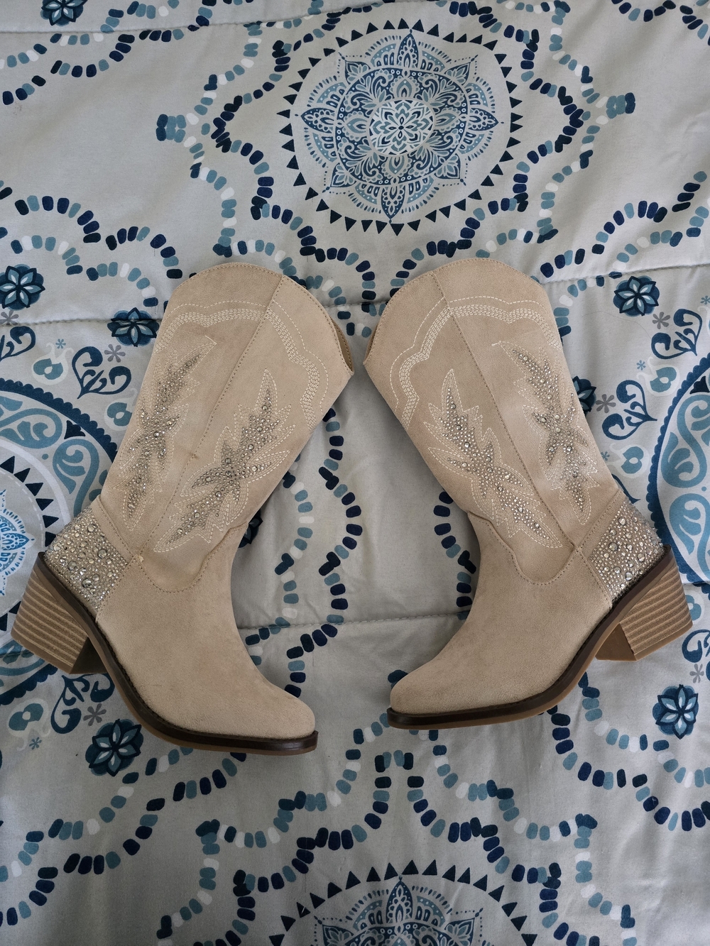Steve Madden Girl's Beige Suede Western Boots with Rhinestone Accent